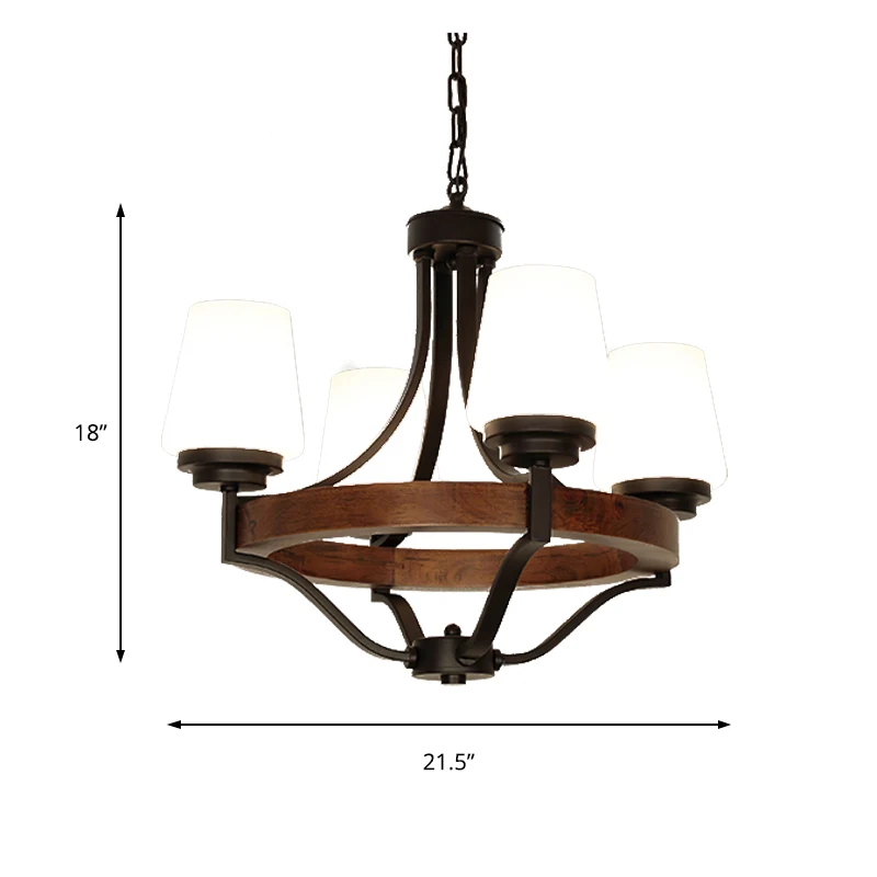 Wit glazen kegel plafondlamp rustiek 4-lichts eetkamer licht kroonluchter licht met houten ring zwart Clearhalo