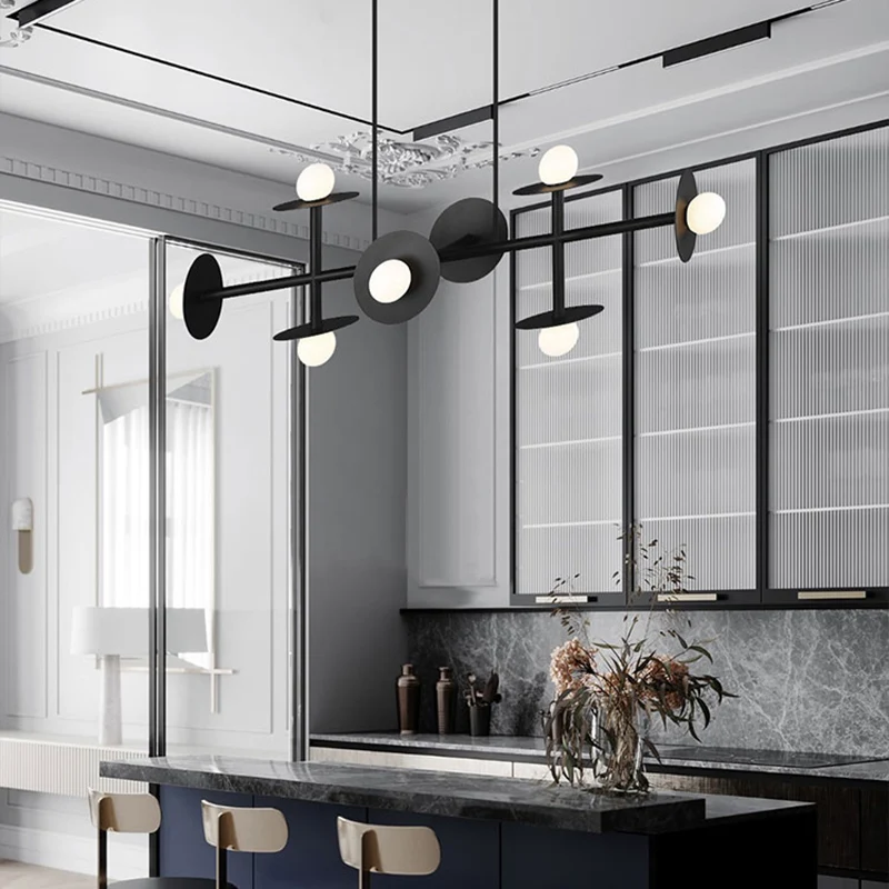 Wit glazen Orbit Island-hanger Modern 8-koppig zwart plafondlamparmatuur voor keuken Clearhalo