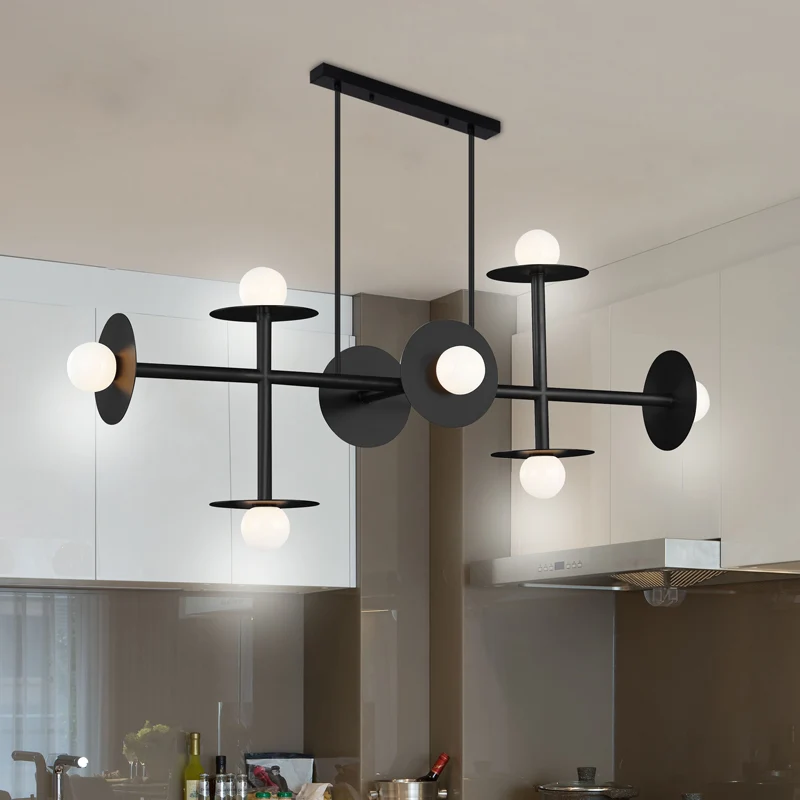 Wit glazen Orbit Island-hanger Modern 8-koppig zwart plafondlamparmatuur voor keuken Clearhalo