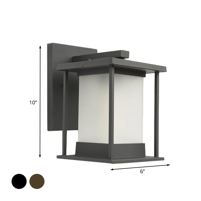 Wit glazen rechthoekige wandlamp Rustiek 1-lamps buitenwandlamp koffie/zwart met metalen frame Clearhalo