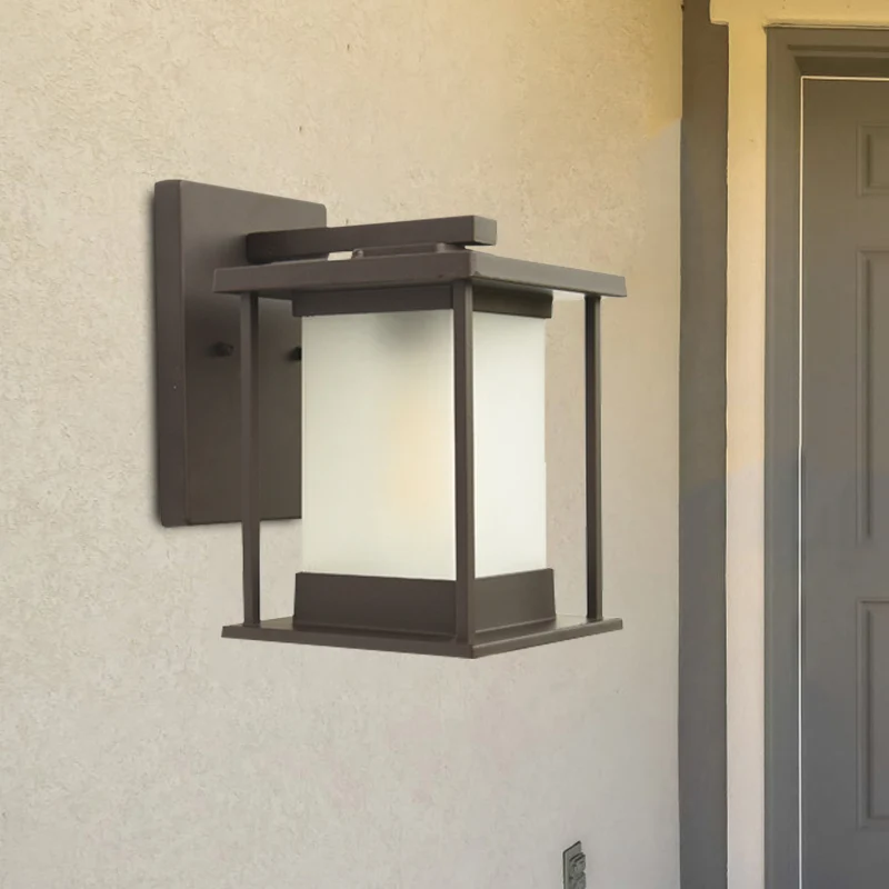 Wit glazen rechthoekige wandlamp Rustiek 1-lamps buitenwandlamp koffie/zwart met metalen frame Clearhalo