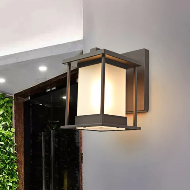 Wit glazen rechthoekige wandlamp Rustiek 1-lamps buitenwandlamp koffie/zwart met metalen frame Clearhalo
