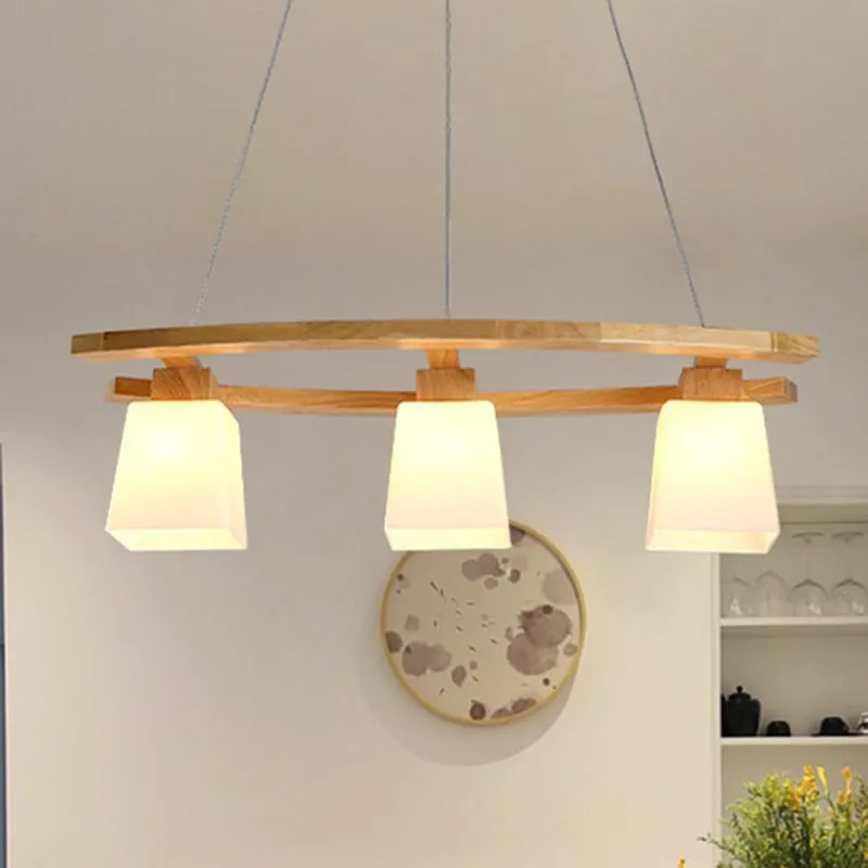 Wit glazen trapeziumcluster hanger minimalisme 3 lampen houten ophangverlichting voor keuken Clearhalo