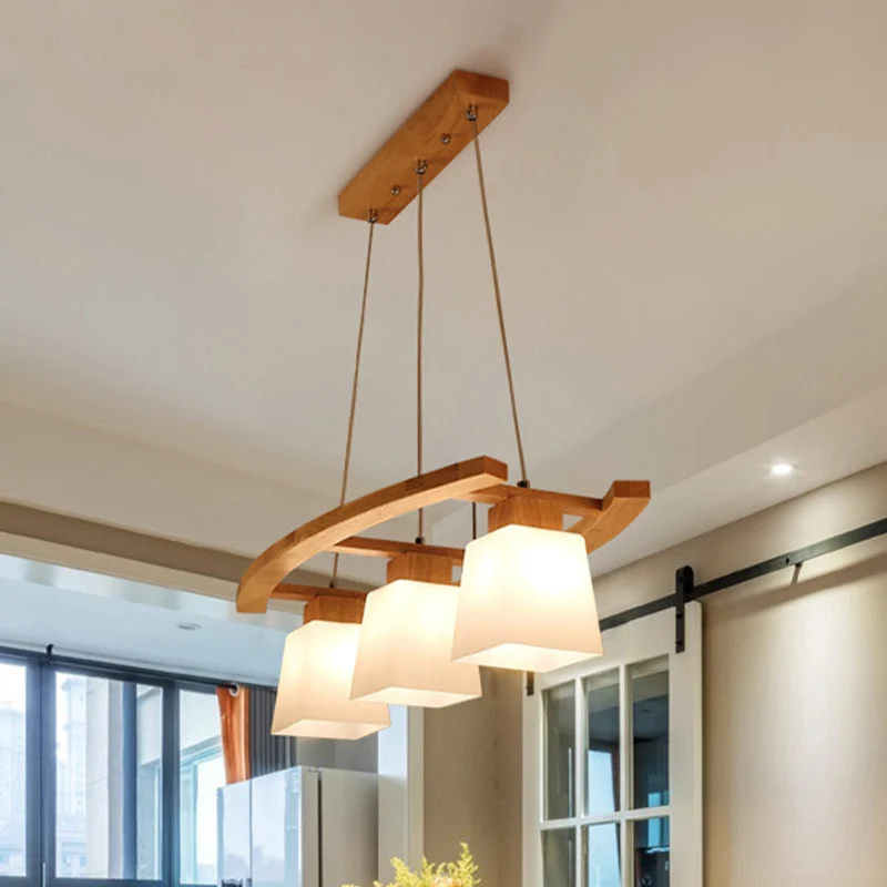 Wit glazen trapeziumcluster hanger minimalisme 3 lampen houten ophangverlichting voor keuken Clearhalo