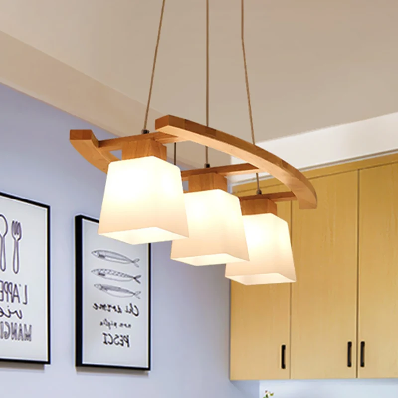 Wit glazen trapeziumcluster hanger minimalisme 3 lampen houten ophangverlichting voor keuken Clearhalo