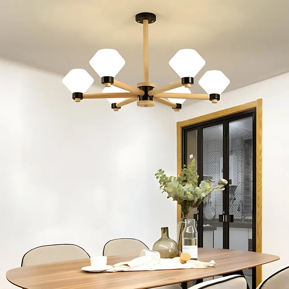 Wit glazen urnkap hanglamp 6-lichts Scandinavische houten hanglamp voor woonkamer Clearhalo