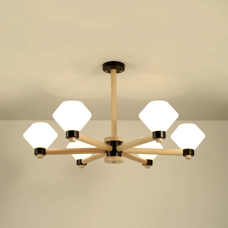 Wit glazen urnkap hanglamp 6-lichts Scandinavische houten hanglamp voor woonkamer Clearhalo