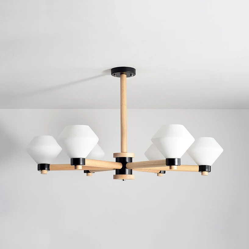 Wit glazen urnkap hanglamp 6-lichts Scandinavische houten hanglamp voor woonkamer Clearhalo
