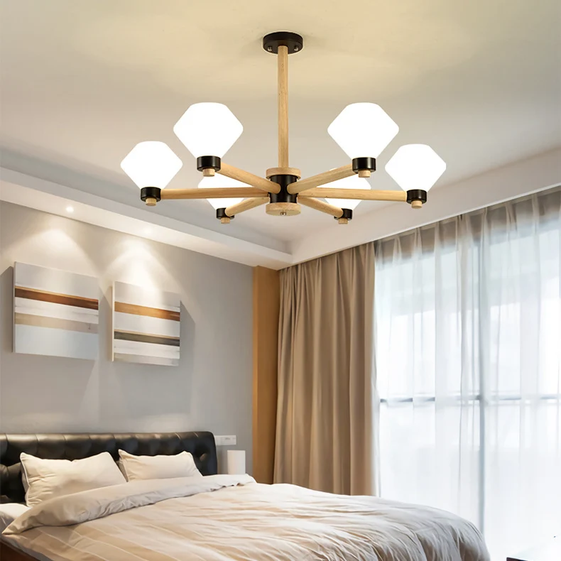 Wit glazen urnkap hanglamp 6-lichts Scandinavische houten hanglamp voor woonkamer Clearhalo