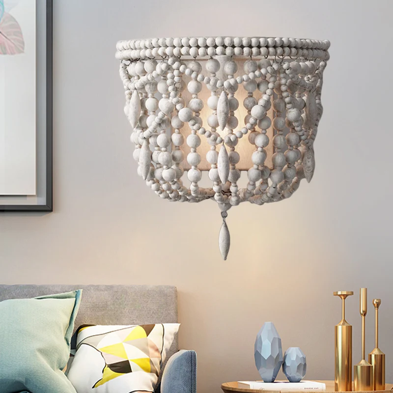 Wit kralen wandmontage licht vintage hout 1 licht woonkamer blaker lichtarmatuur Clearhalo