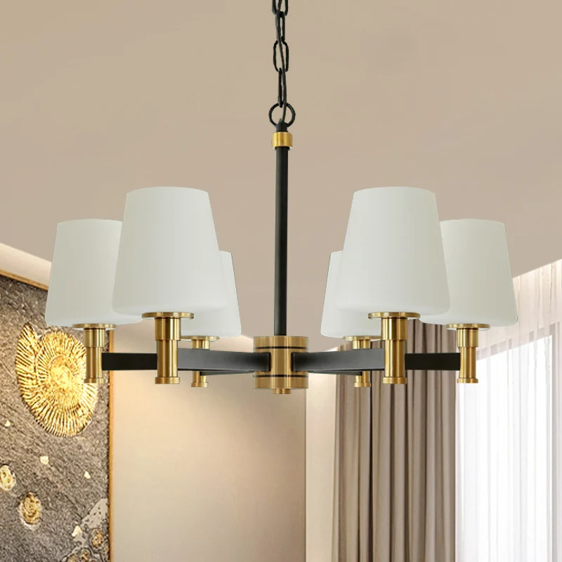 Wit/beige plafondkroonluchter met 6 lampen, klassieke stoffen kegelvormige ophanghanger voor slaapkamer Clearhalo