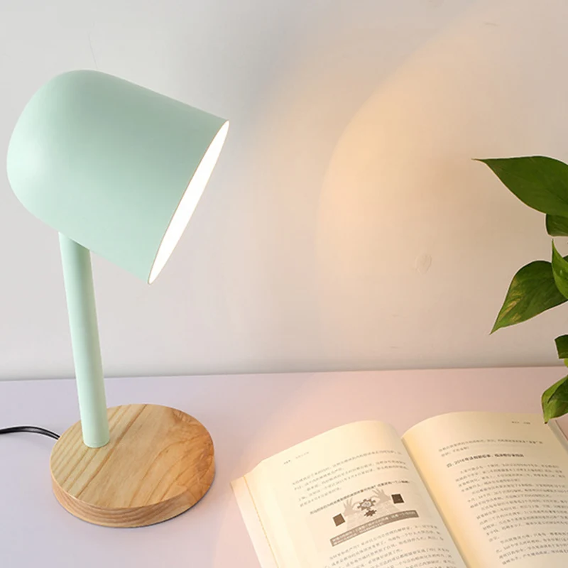 Wit/blauw/groen koepelvormig leesboeklicht Minimalistische stijl 1 lichtmetalen bureaulamp met houten voet Clearhalo