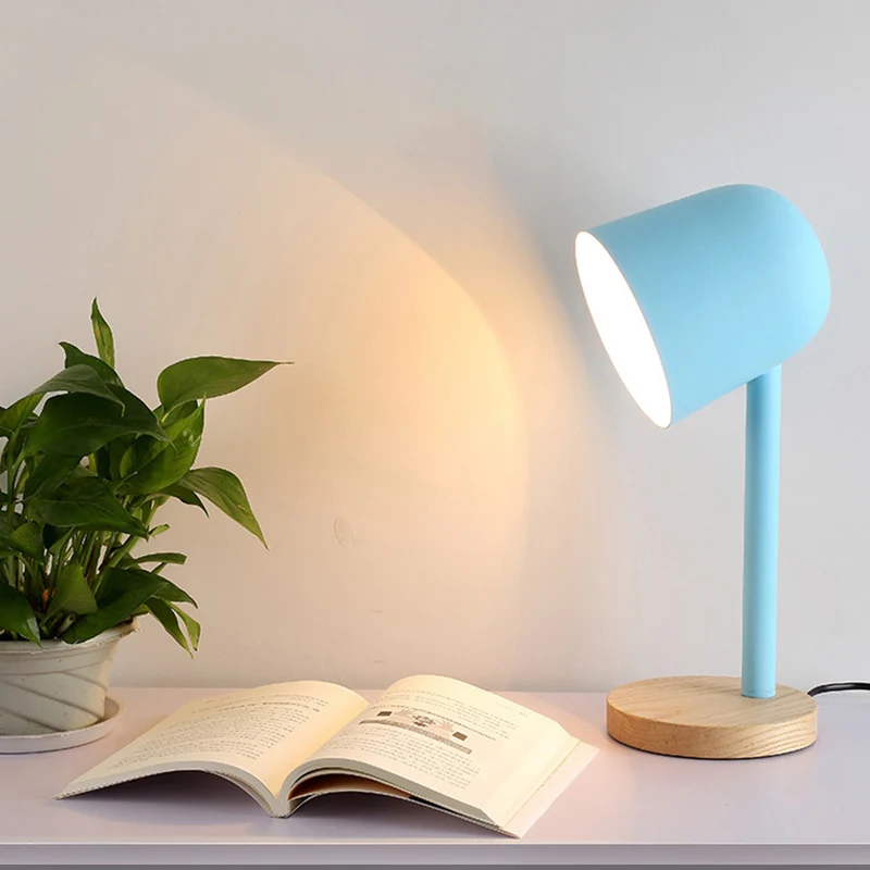 Wit/blauw/groen koepelvormig leesboeklicht Minimalistische stijl 1 lichtmetalen bureaulamp met houten voet Clearhalo