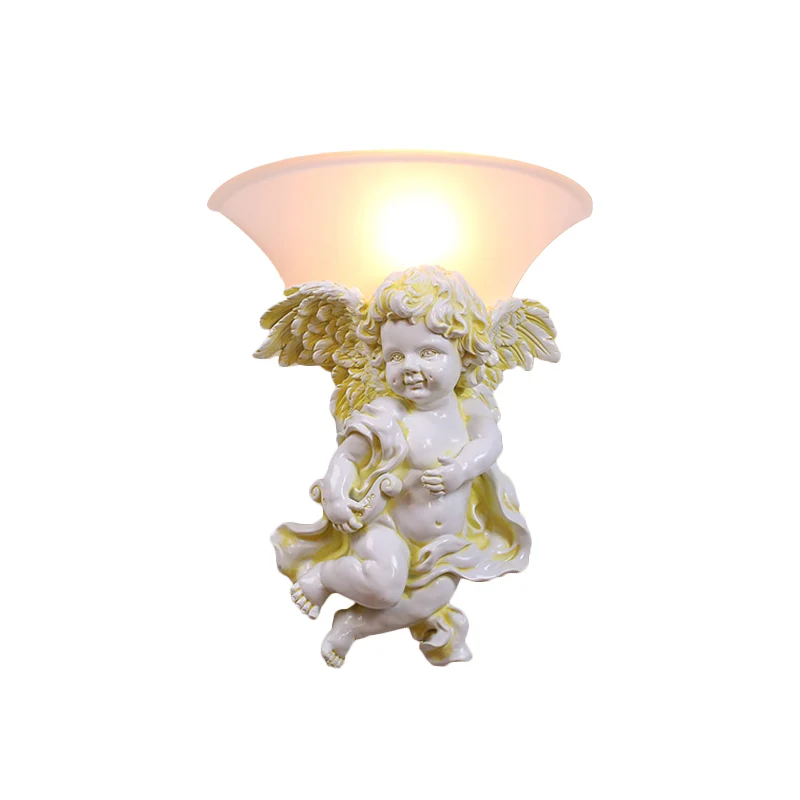 Wit/gouden engel schans muur koloniale 1 kop hars gemonteerde verlichting met opaal glazen kap, jongen/meisje Clearhalo