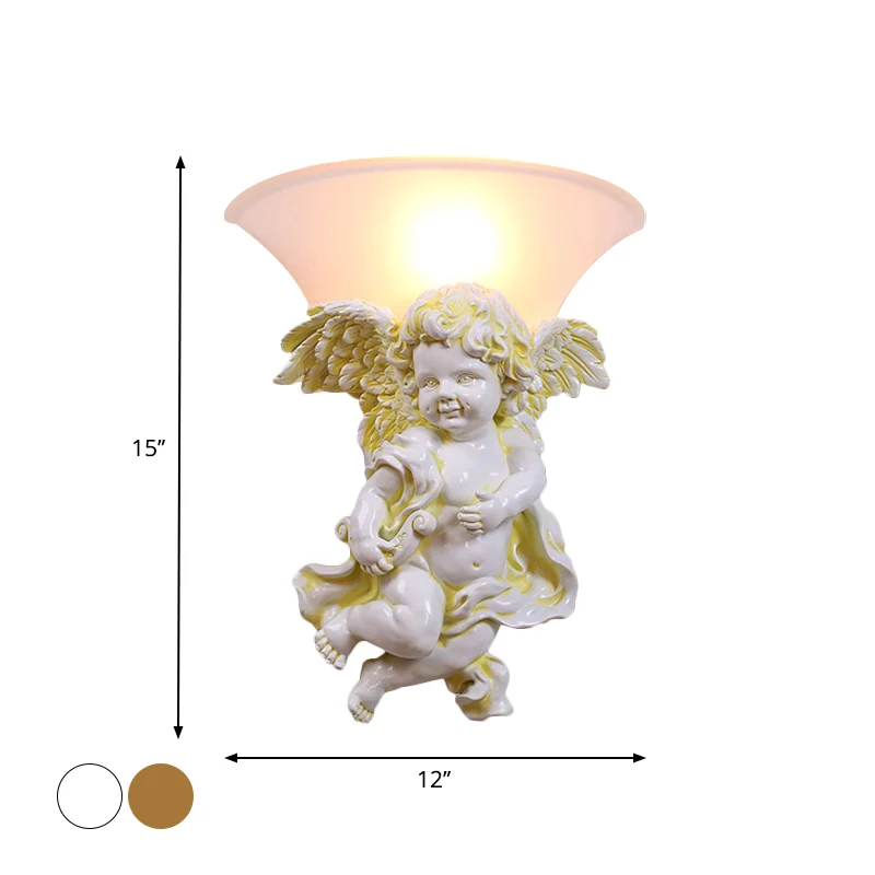 Wit/gouden engel schans muur koloniale 1 kop hars gemonteerde verlichting met opaal glazen kap, jongen/meisje Clearhalo