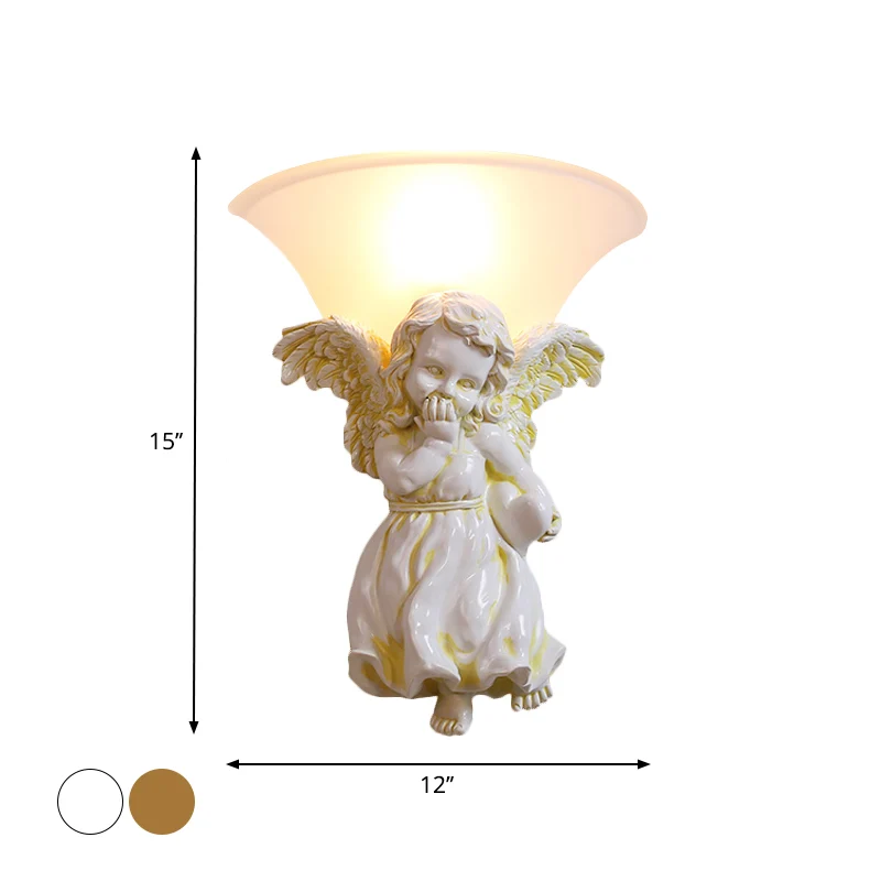 Wit/gouden engel schans muur koloniale 1 kop hars gemonteerde verlichting met opaal glazen kap, jongen/meisje Clearhalo
