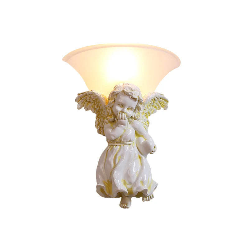 Wit/gouden engel schans muur koloniale 1 kop hars gemonteerde verlichting met opaal glazen kap, jongen/meisje Clearhalo