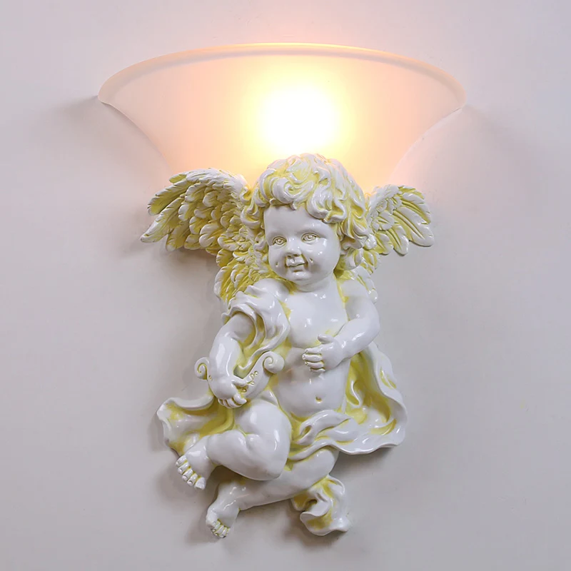 Wit/gouden engel schans muur koloniale 1 kop hars gemonteerde verlichting met opaal glazen kap, jongen/meisje Clearhalo