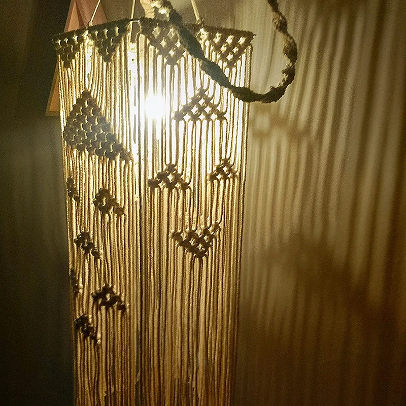 Witte 1-koppige slingerlamp Traditionele touw gevlochten rechthoekige hanglamp voor slaapkamer Clearhalo