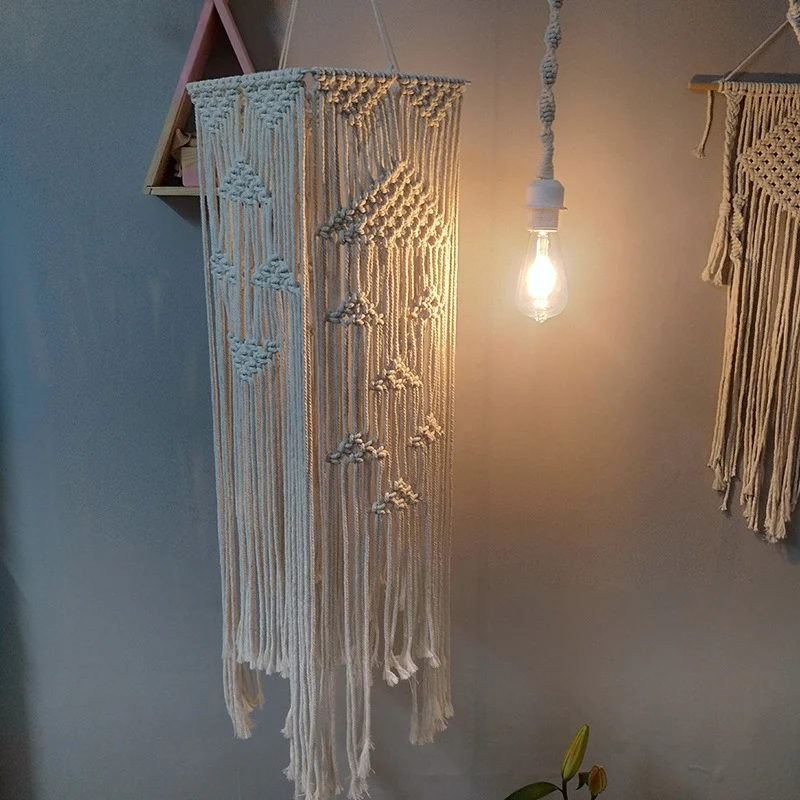 Witte 1-koppige slingerlamp Traditionele touw gevlochten rechthoekige hanglamp voor slaapkamer Clearhalo
