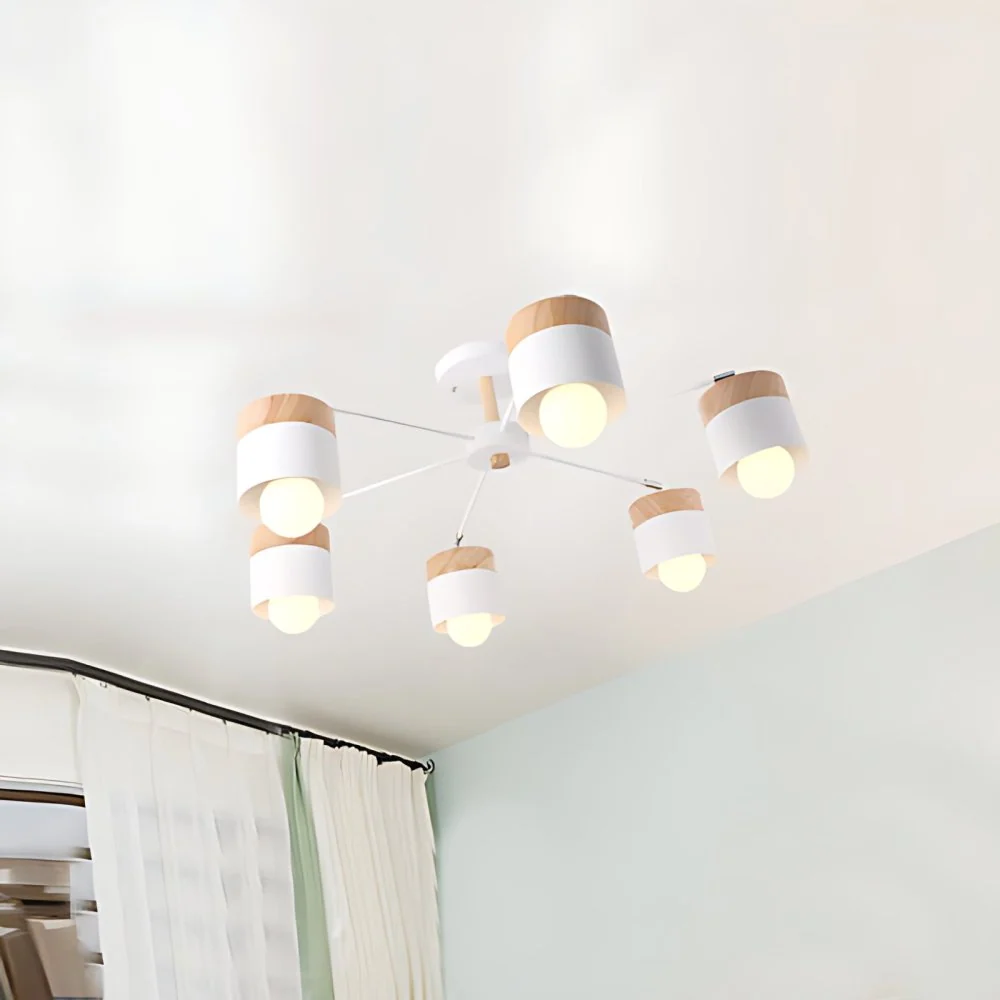 Witte afwerking, 6 lampen, plafondgemonteerde kroonluchter, Scandinavische houten en metalen cilinder, semi-inbouw hanglam...
