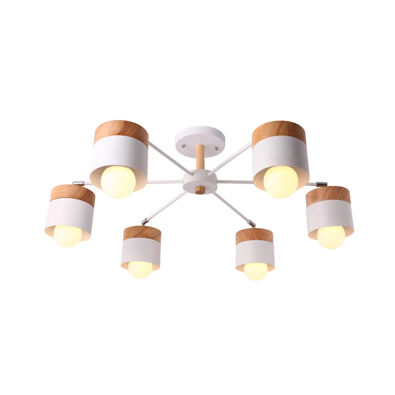 Witte afwerking, 6 lampen, plafondgemonteerde kroonluchter, Scandinavische houten en metalen cilinder, semi-inbouw hanglam...