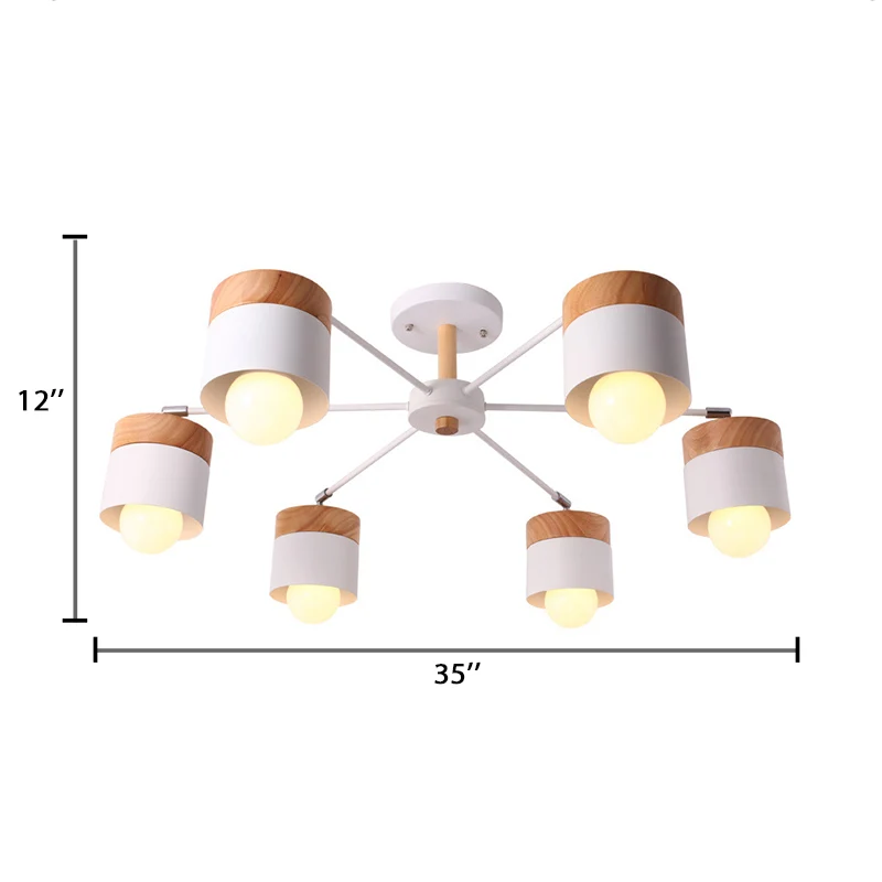 Witte afwerking, 6 lampen, plafondgemonteerde kroonluchter, Scandinavische houten en metalen cilinder, semi-inbouw hanglam...