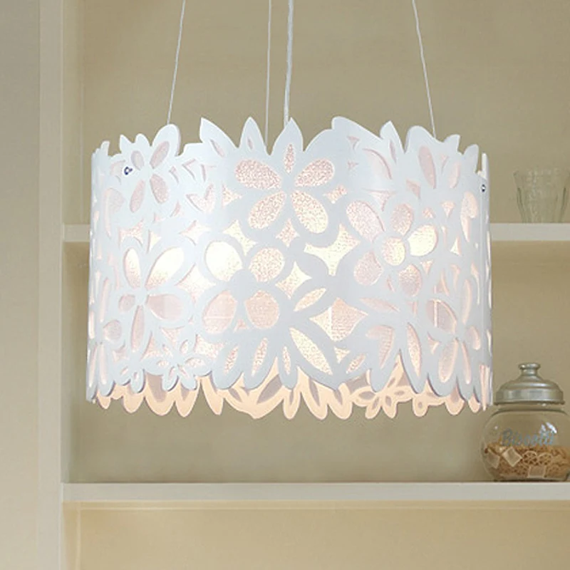 Witte bloemen hanglamp met trommelkap Kinderijzer smeedijzeren hanglamp voor eetkamer Clearhalo