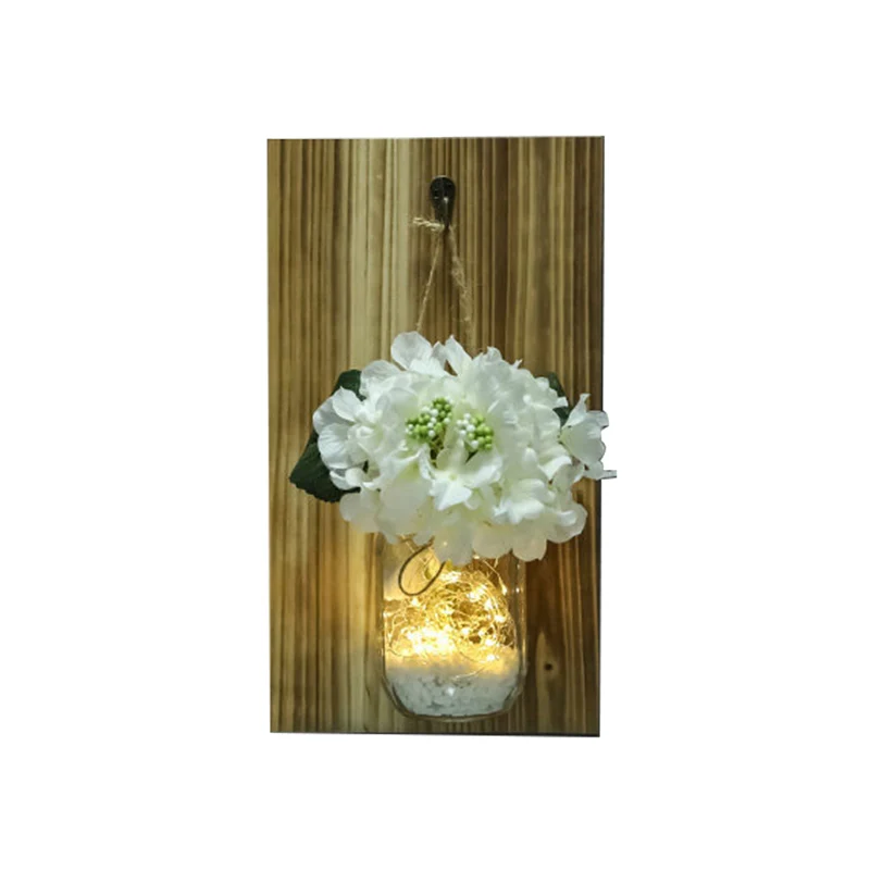 Witte bloemenwandlichtslinger Nordic helderglazen pot Twinkle Light met houten achterplaat Clearhalo