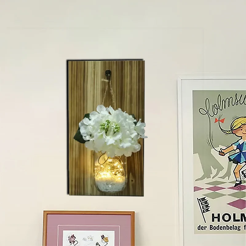 Witte bloemenwandlichtslinger Nordic helderglazen pot Twinkle Light met houten achterplaat Clearhalo