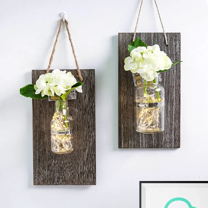 Witte bloemenwandlichtslinger Nordic helderglazen pot Twinkle Light met houten achterplaat Clearhalo