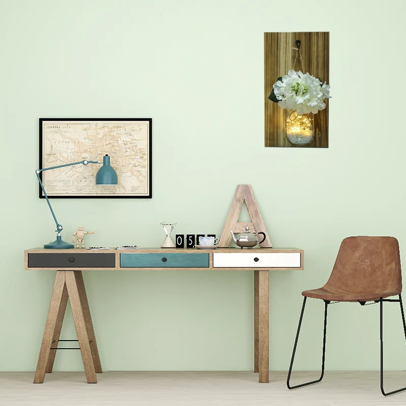 Witte bloemenwandlichtslinger Nordic helderglazen pot Twinkle Light met houten achterplaat Clearhalo