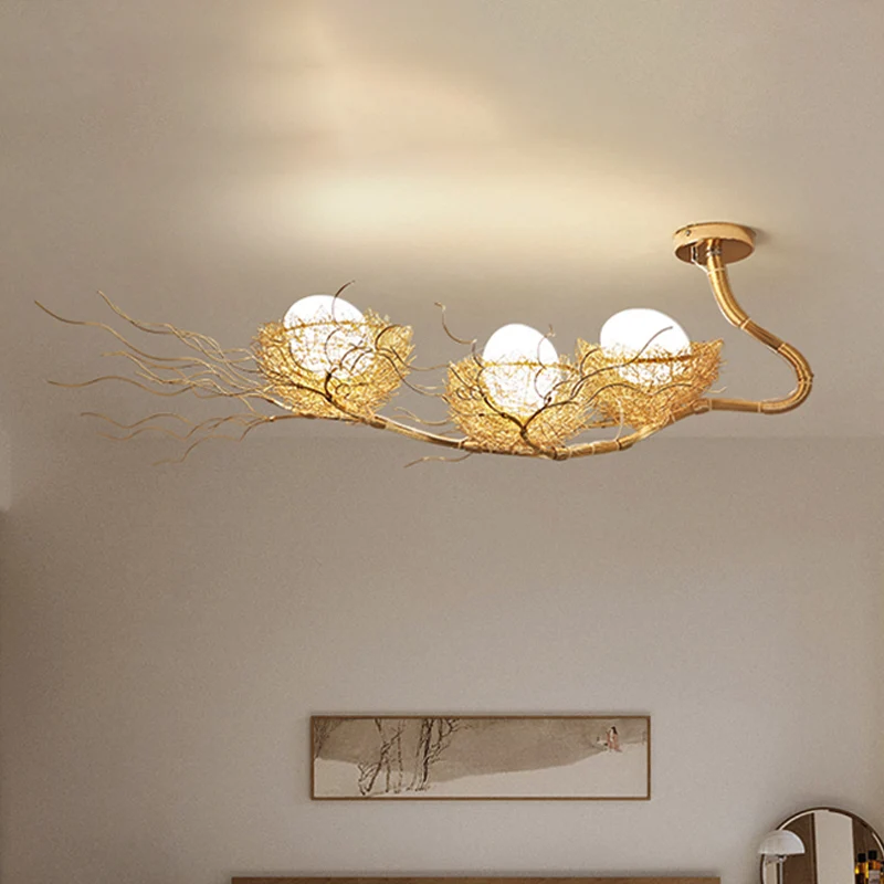 Witte bol plafondkroonluchter Rustiek 3-lichts gesloten glazen hangende hanglamp met gouden nest Clearhalo