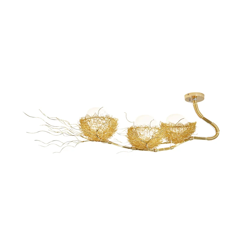 Witte bol plafondkroonluchter Rustiek 3-lichts gesloten glazen hangende hanglamp met gouden nest Clearhalo