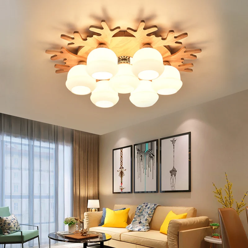 Witte Bud Shade plafondlamp met beige gewei Mooie houten plafondlamp voor kinderslaapkamer Clearhalo