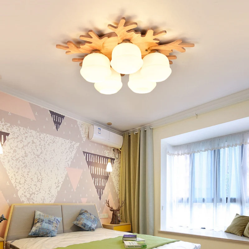 Witte Bud Shade plafondlamp met beige gewei Mooie houten plafondlamp voor kinderslaapkamer Clearhalo