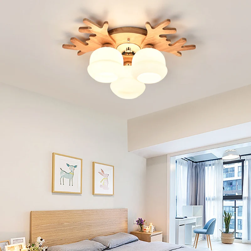 Witte Bud Shade plafondlamp met beige gewei Mooie houten plafondlamp voor kinderslaapkamer Clearhalo