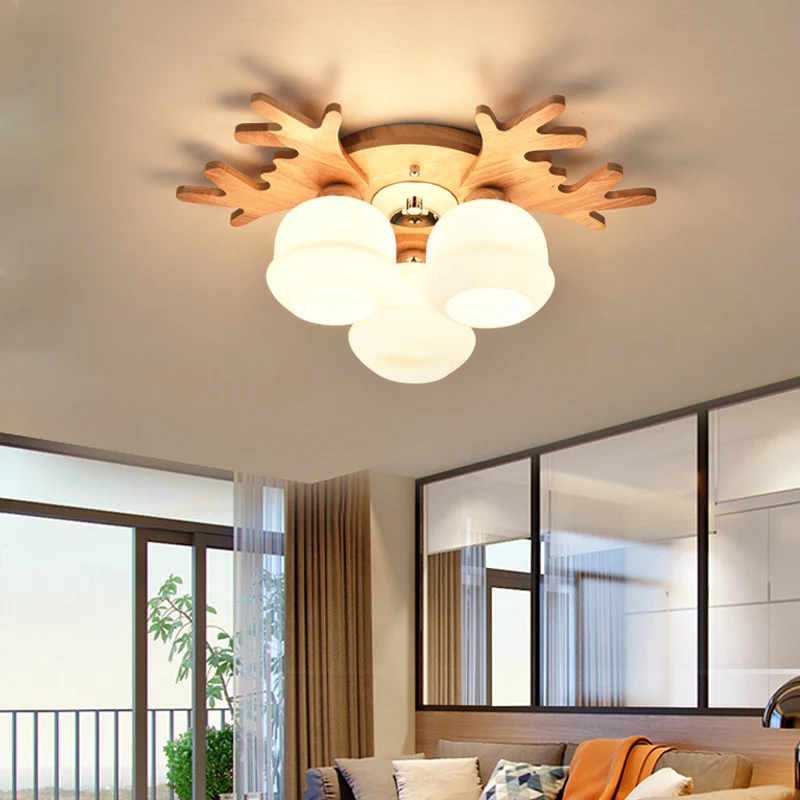Witte Bud Shade plafondlamp met beige gewei Mooie houten plafondlamp voor kinderslaapkamer Clearhalo