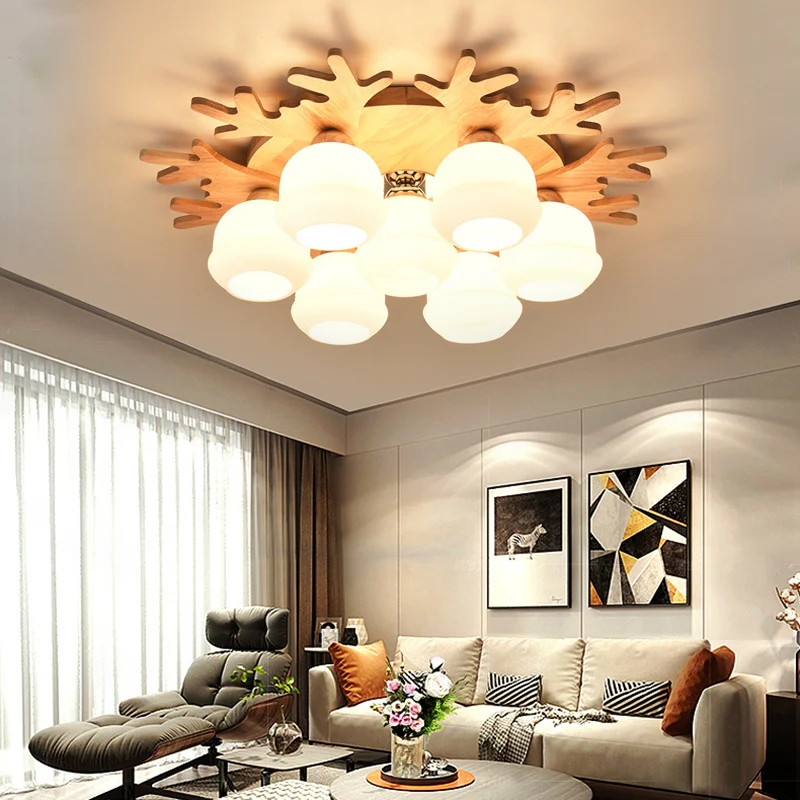 Witte Bud Shade plafondlamp met beige gewei Mooie houten plafondlamp voor kinderslaapkamer Clearhalo