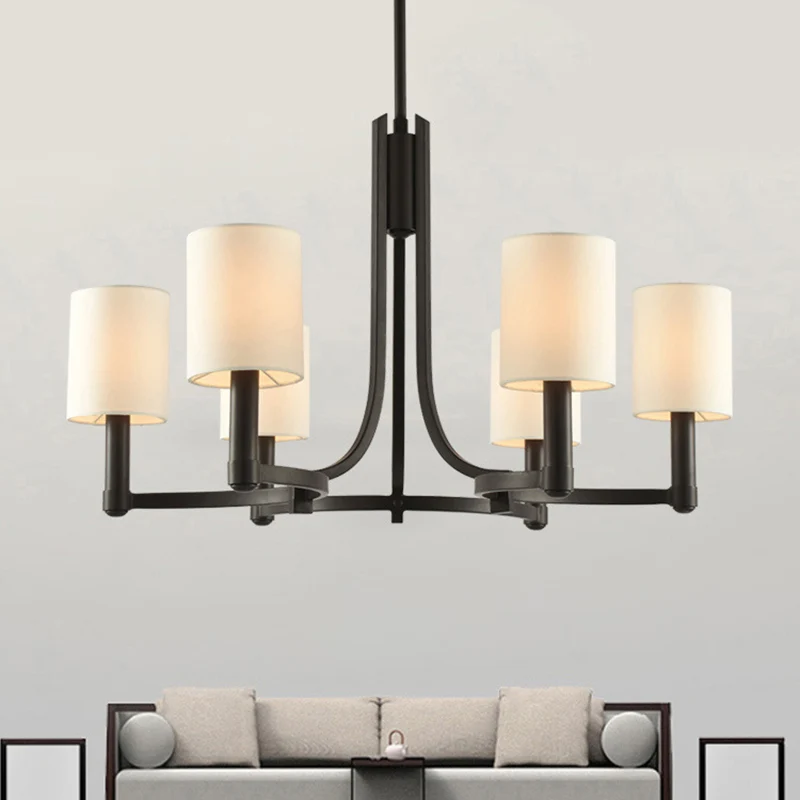 Witte cilindrische kroonluchterlamp Traditionele stof 6 lampen Woonkamer hanglamp Clearhalo