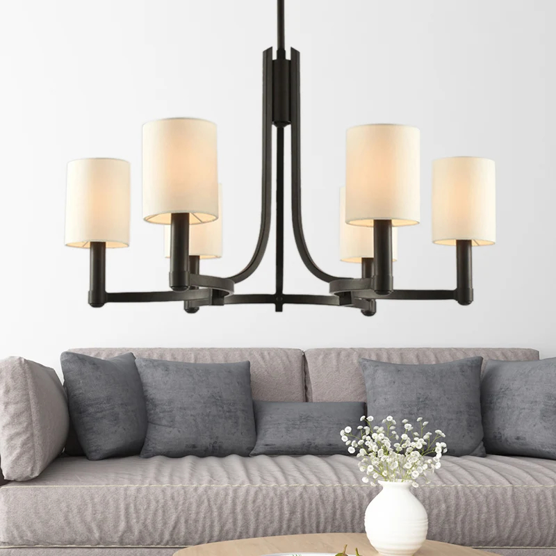 Witte cilindrische kroonluchterlamp Traditionele stof 6 lampen Woonkamer hanglamp Clearhalo
