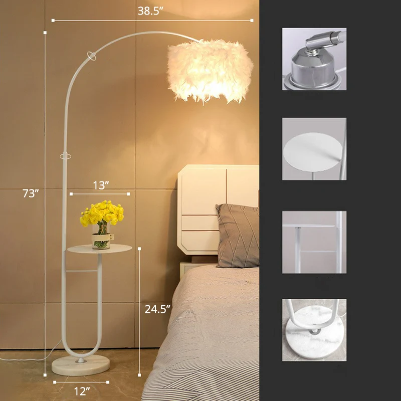 Witte Drum Staande Vloerlamp Simplicity Single Feather Vloerlamp met Dienblad en Boogarm Clearhalo