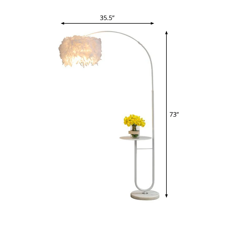 Witte Drum Staande Vloerlamp Simplicity Single Feather Vloerlamp met Dienblad en Boogarm Clearhalo