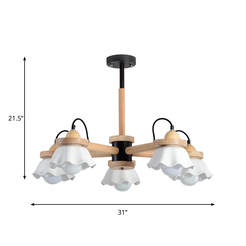 Witte geschulpte schaduwkroonluchter Multi-Light Scandinavische houten plafondlamp voor woonkamer Clearhalo