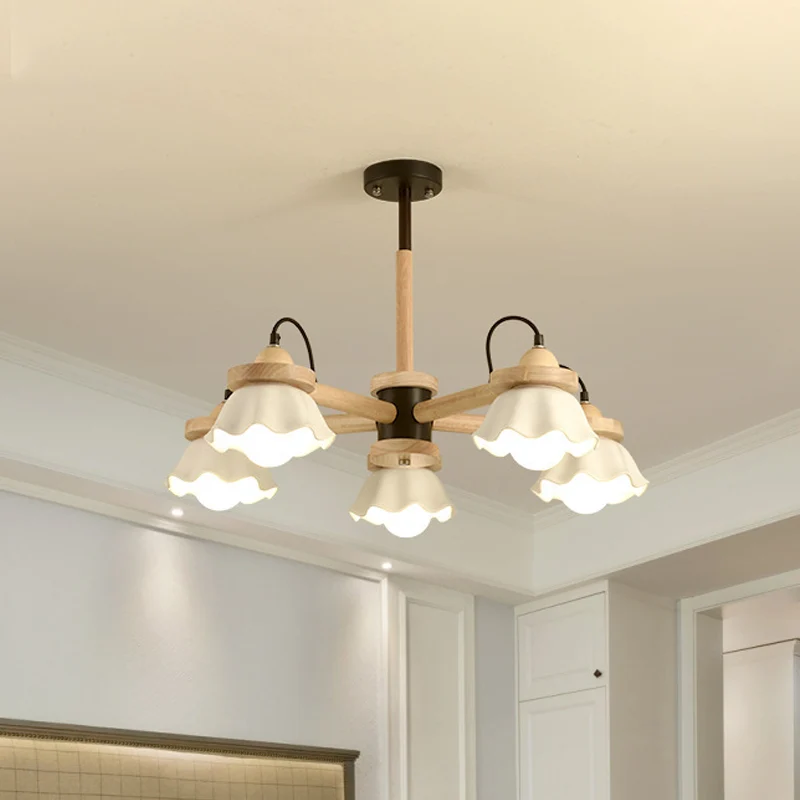 Witte geschulpte schaduwkroonluchter Multi-Light Scandinavische houten plafondlamp voor woonkamer Clearhalo