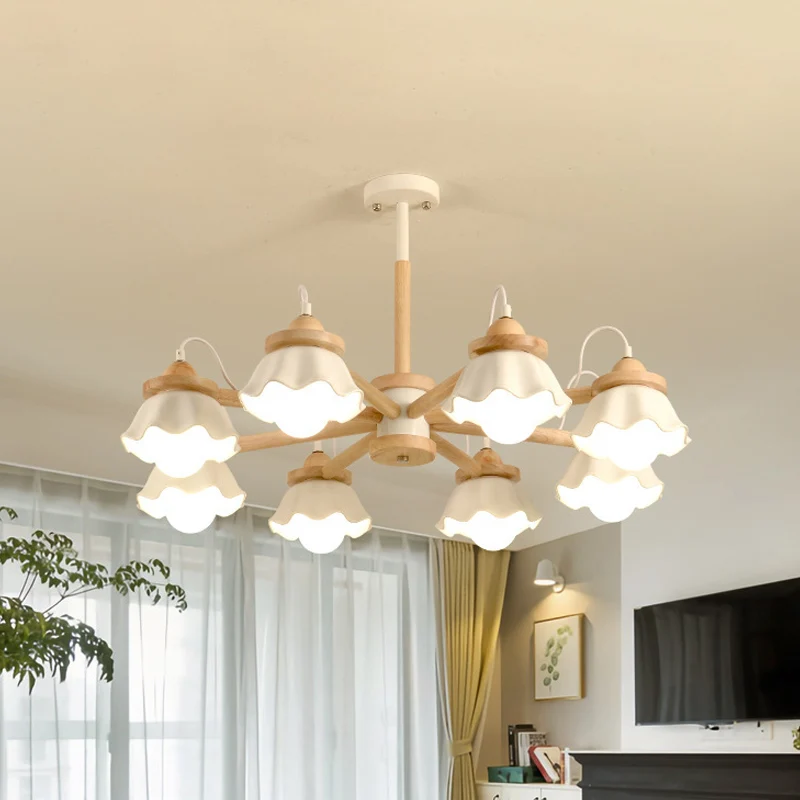 Witte geschulpte schaduwkroonluchter Multi-Light Scandinavische houten plafondlamp voor woonkamer Clearhalo