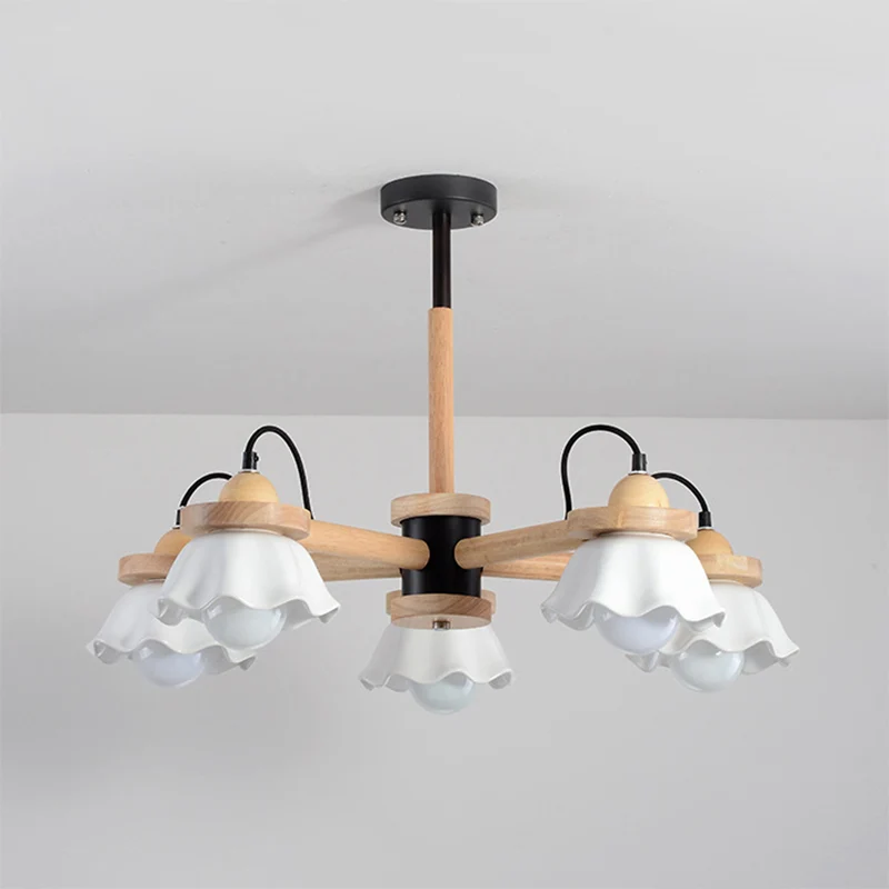 Witte geschulpte schaduwkroonluchter Multi-Light Scandinavische houten plafondlamp voor woonkamer Clearhalo
