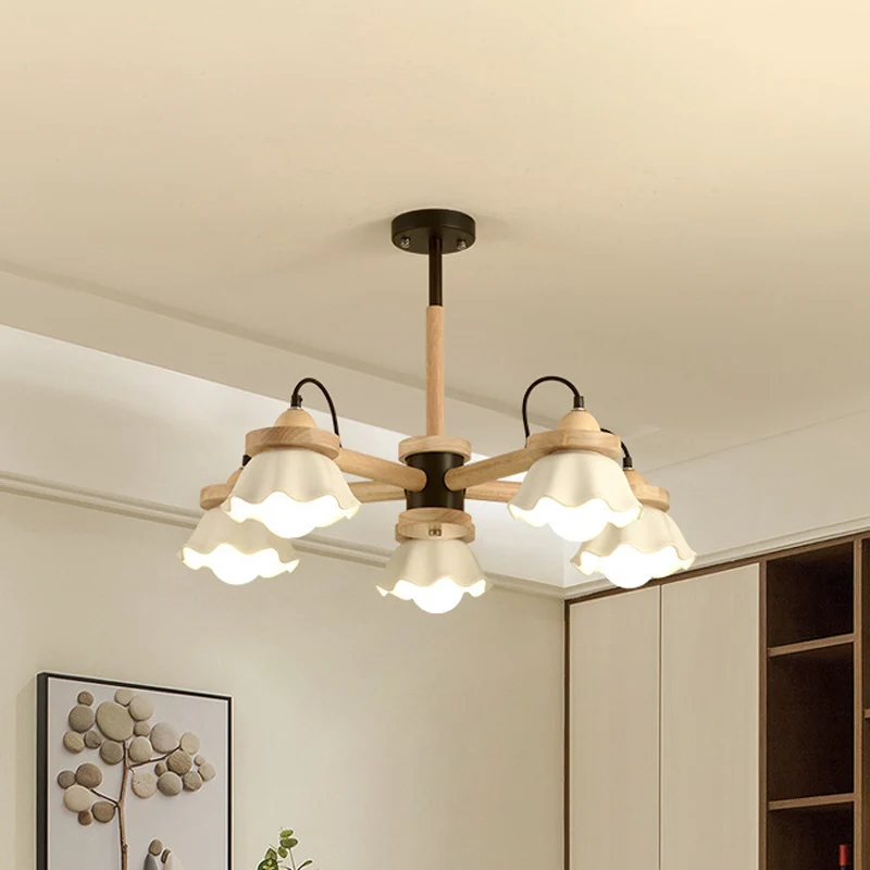 Witte geschulpte schaduwkroonluchter Multi-Light Scandinavische houten plafondlamp voor woonkamer Clearhalo