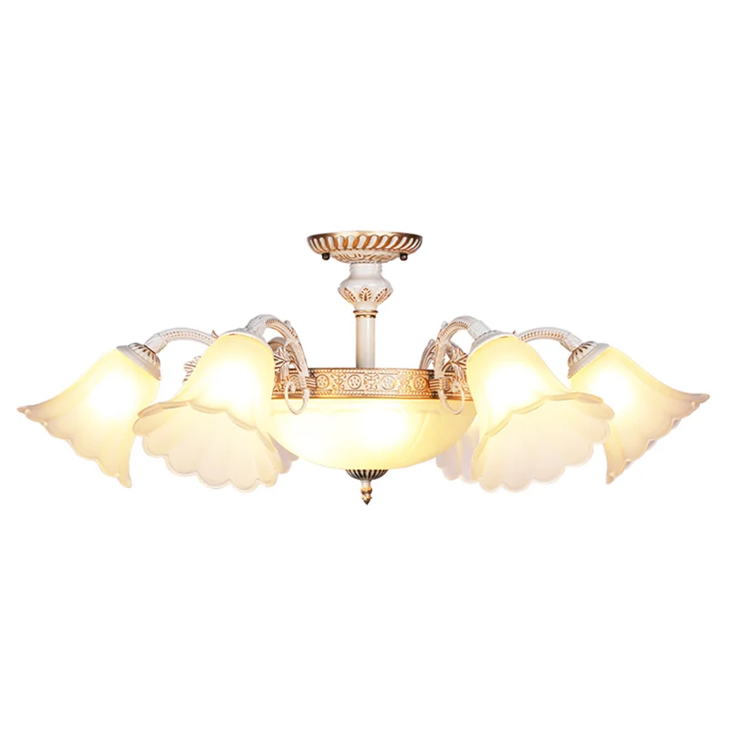 Witte glazen bloemen semi-flush traditionele slaapkamer plafondmontage kroonluchter met geschulpte rand Clearhalo