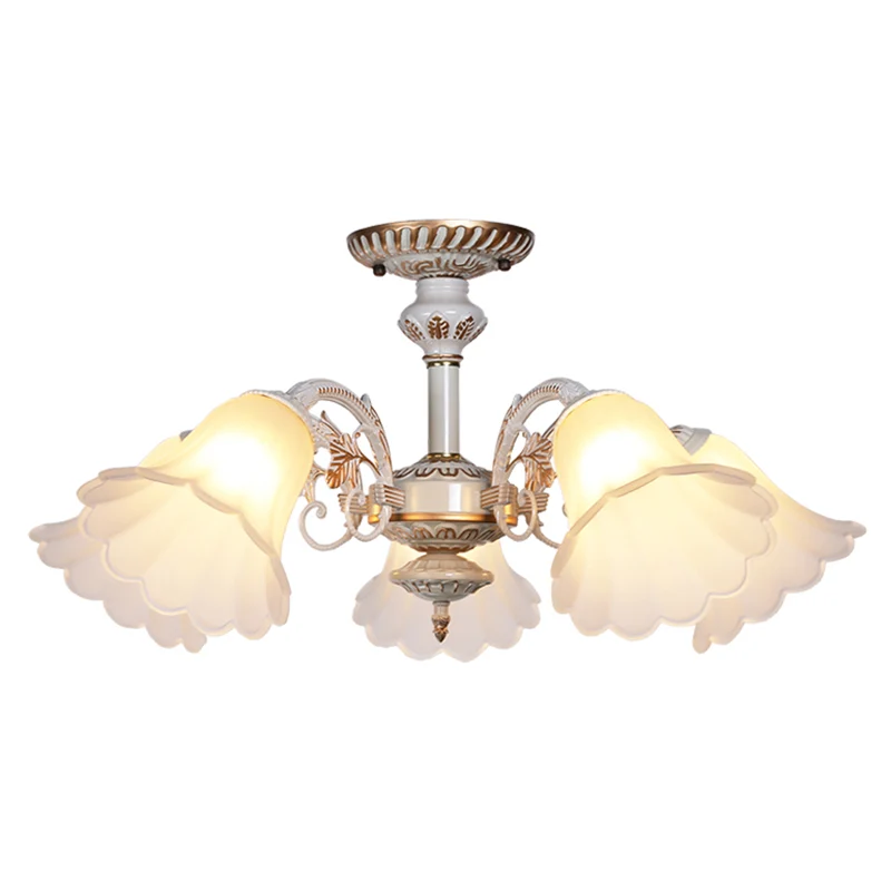 Witte glazen bloemen semi-flush traditionele slaapkamer plafondmontage kroonluchter met geschulpte rand Clearhalo